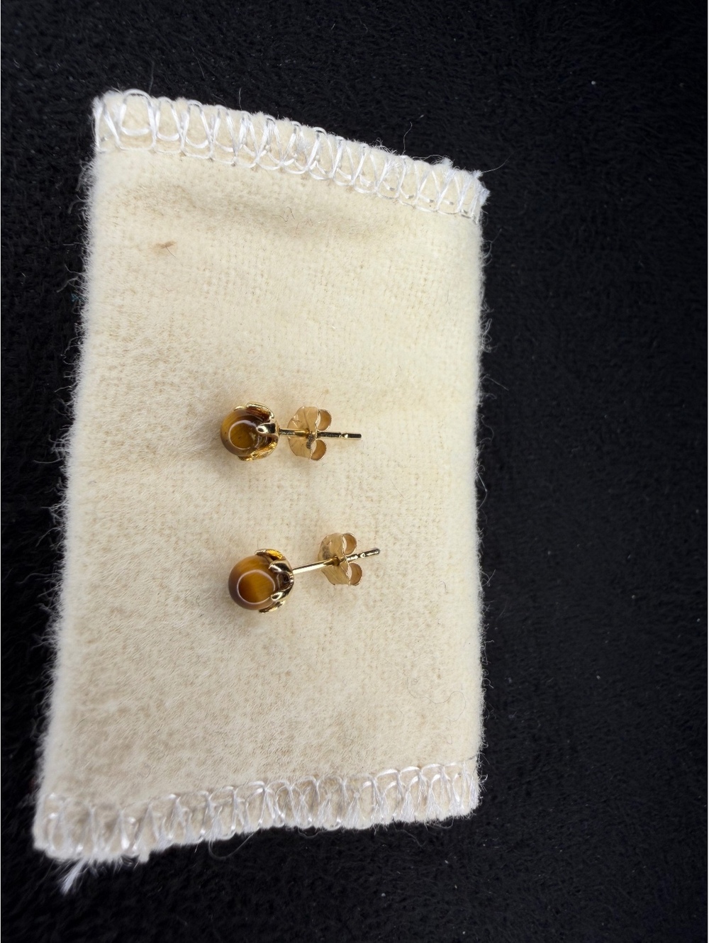 Vintage Gold Tigers Eye Stud Earrings Round Cabochon Small Petite Minimalist